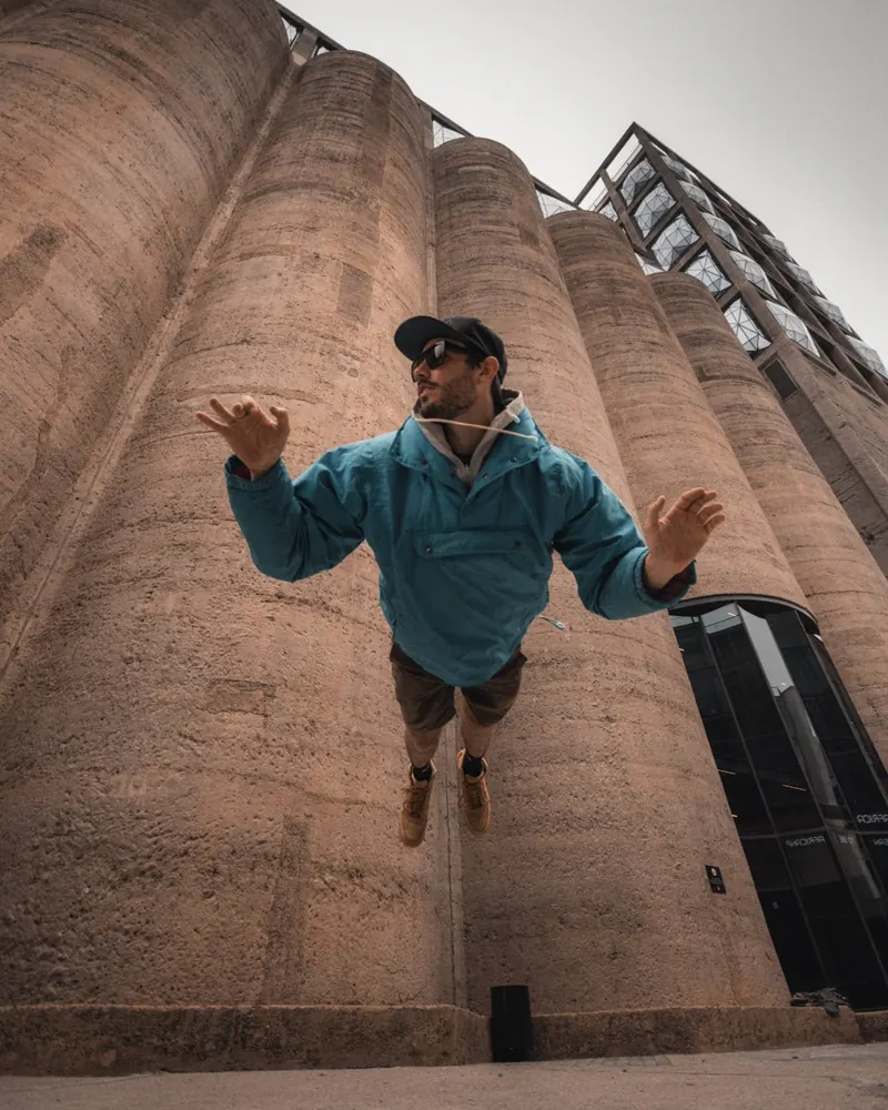 Max levitating against a grain silo